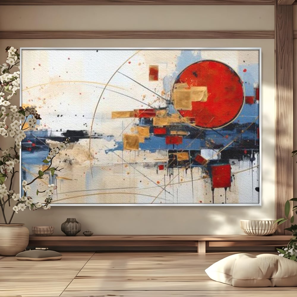 Tablou canvas cu tablou abstract cu cerc rosu si linii, in rama de aluminiu argintiu